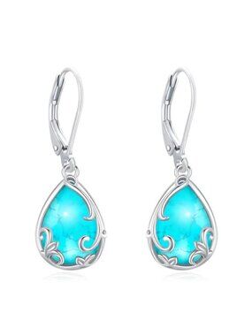 Sterling Silver Turquoise Earrings Leverback Dangle Filigree Drop Womens Gift
